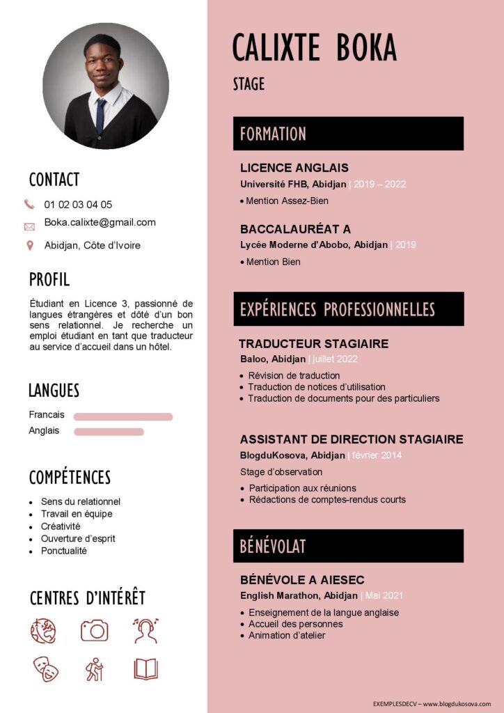 Modèle gratuit de CV pour stage